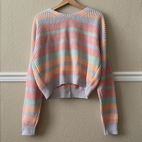 Cotton Blend Striped Colorful Chunky Knit Cardigan Sweater Button Front Large - Picture 13 of 15